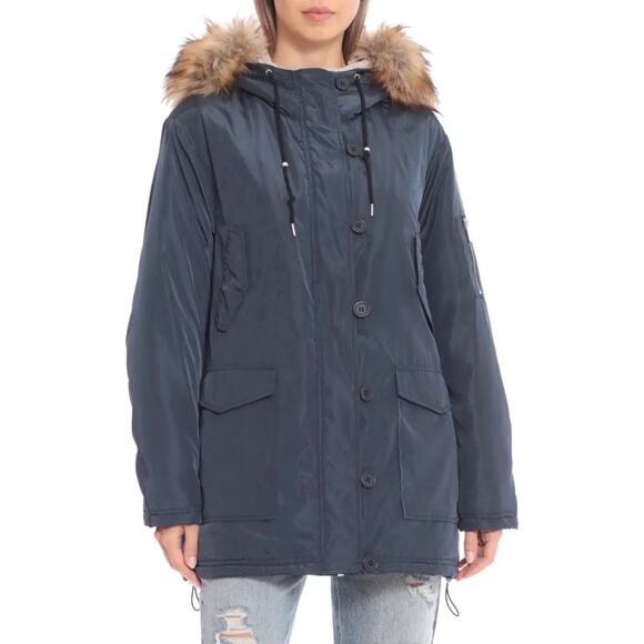 New Avec Les Filles Surplus Faux Fur Utility Parka in Navy Women's Size M - Picture 1 of 8